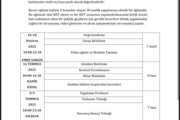 BDT Beceri Kazandırma ve Süpervizyon Uygulaması Programı