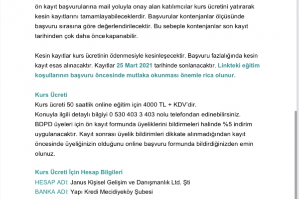 BİLİŞSEL DAVRANIŞÇI TERAPİ TEMEL EĞİTİM PROGRAMI (Modül I) JANUS PSİKOLOJİ & BDPD İstanbul / Nisan 2021