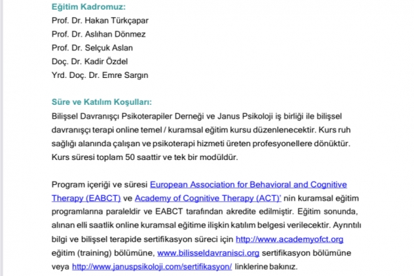 İstanbul Janus Online Bilişsel Davranışçı Terapi Programı